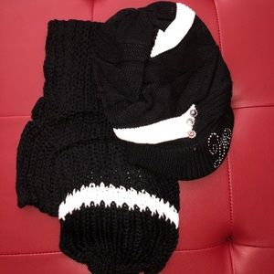 New Black White Knitted Scarf Crochet Slouchy Beanie